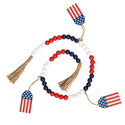 DECSPAS 4th of July Decorations, 36″ Beads Garland 4th of July Patriotic Decor for Tiered Tray, American Flag Plaque with Tassels Fourth of July Independence Memorial Day Decorations for The Home