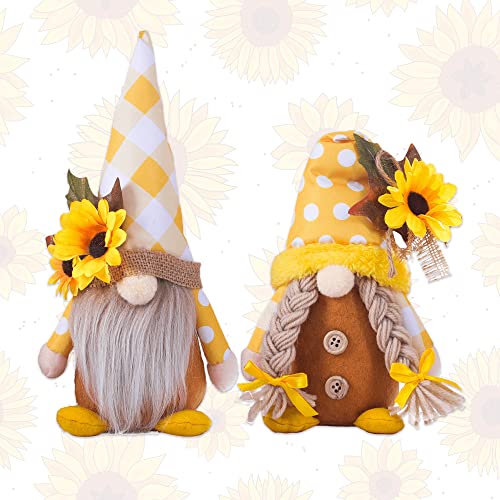 2PCS Sunflower Gnomes Plush Decorations, Summer Gnomes, Spring Gnomes, Scandinavia Honey Buffalo Plaid Sunflower Gnome Plush for Tiered Tray Kitchen Decor, Farmhouse Swedish Nisse Tomte Home Oranment