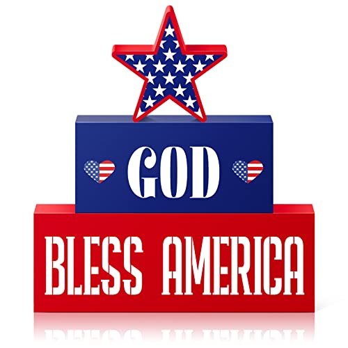 July 4th Patriotic Tiered Tray Decor Independence Day Wood Signs Tiered Tray Decor 4th of July Patriotic Mini Wood Book Stack Farmhouse Rustic God Bless America Decorations Set of 3 (Stylish Style)