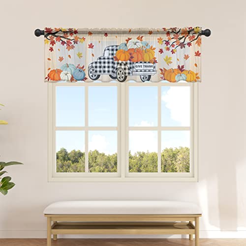 Comfort Her Zon Fall Valances for Windows, Buffalo Plaid Truck Pull Pumpkin Sheer Curtains Kitchen Garden Farmhouse Valance Rod Pocket Fall Leaves Window Treatments, 54 Inch by 18 Inch, 1 Panel
