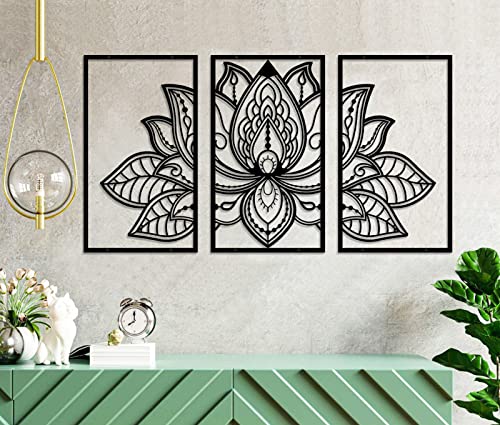 ESTART Large Lotus Flower Metal Wall Art 3-piece Set, Religion Faith Mandala Home Wall Decoration for Living Room, Bedroom, Office and Yoga Room