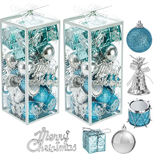 WUWEOT 64 Pcs Christmas Tree Hanging Ornaments, Blue Christmas Tree Ball Jingle Bell Drum Gift Box Decorations for Xmas Tree