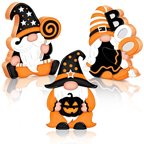 Halloween Table Decorations 3 Pieces Gnomes Ornaments, Wooden Home Signs Tiered Tray Sign Decor, Cute Boo Sign Centerpiece Tabletop Decorations for Halloween Party, Indoor Fireplace Holiday Gnomes