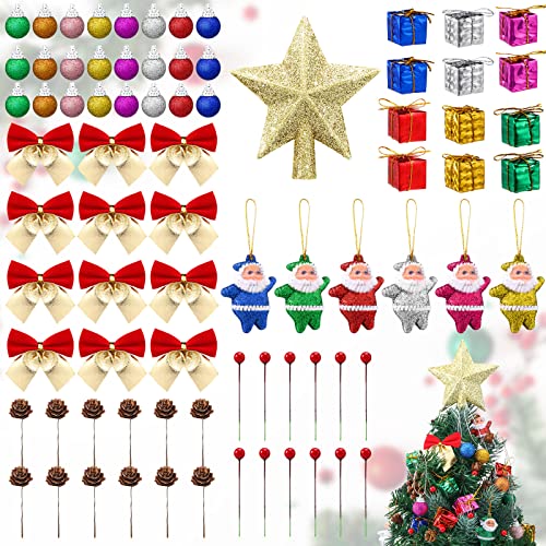 79 Pcs Mini Christmas Tree Ornaments Hanging Assorted Small Christmas Ornament with Glitter Mini Santa Claus Mini Foam Balls Red Gold Bows Gold Tree Topper for Tree Christmas Holiday Party Decorations
