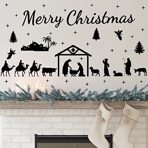 Christmas Holy Nativity Wall Decals Religious Nativity Scene Wall Stickers Merry Christmas Christian Peel and Stick Biblical Nativity Scene Window Cling for Nursery Kid Xmas Holiday Baby Bedroom Decor