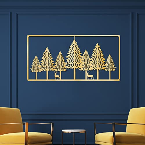 Christmas Tree Wall Art Metal Tree Wall Decor Elk and Pine Wall Art Hanging Rustic Gold Wall Decor Forest Deer Christmas Wall Art for Home Living Room Bedroom Office Outdoor Decoration, 15.8″ x 7.7″