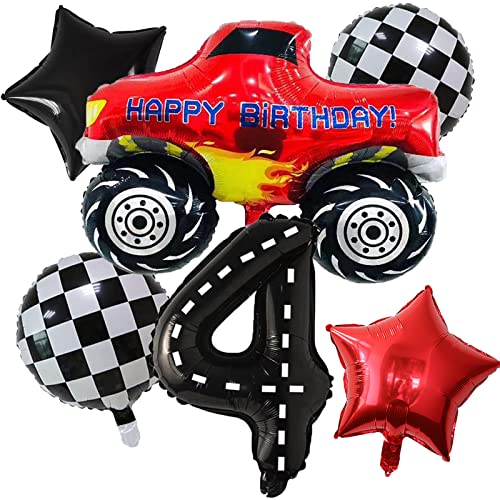Race Car Foil Balloons Party Supplies Monster Truck Balloon Decorations Number 4 Balloons 40 Inch for Boys 4th Birthday Baby Shower Car Theme Party Decorations (Monster Truck 4th Birthday)