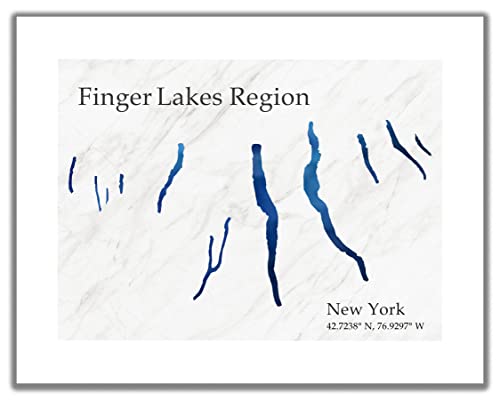 Finger Lakes NY Wall Art Print. 11×14 UNFRAMED Giclee Watercolor Aesthetic Minimalist Decor with State & Map Coordinates. Navy, Blue, Gray & White Upstate New York Lake-Themed Gift.