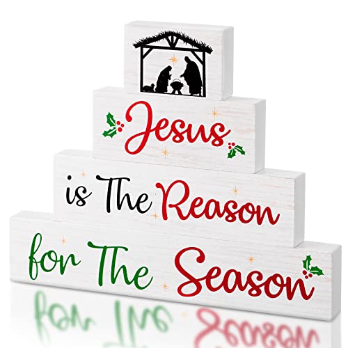 Gerrii 4 Pieces Winter Table Decor Wooden Block Signs Tabletop Decor Rustic Winter Tiered Tray Decor Farmhouse Snow Blocks Decorations Christmas Block Signs for Home Table (Birth Style)