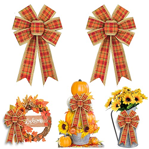 2PCS Fall Wreath Bows, Autumn Harvest Orange Bows for Wreath Rustic Farmhouse Bows for Front Door Thanksgiving Orange Buffalo Plaid Bows for Thanksgiving Wall Ornaments Home Indoor Outdoor Decor