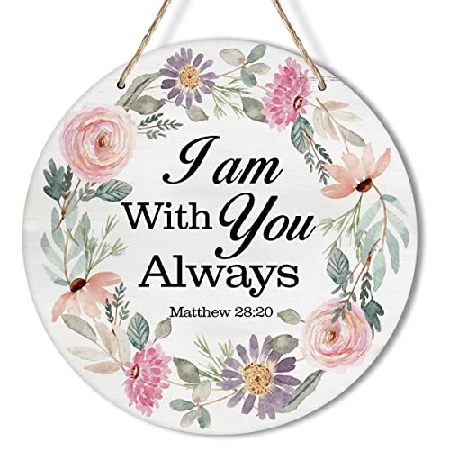 Yuzi-n I am with You Always Wreath Sign for Front Door, 10″ Circle Sign for Wreaths, Rustic Scripture Wooden Round Wreath Hanging Sign Plaque Wood Door Hanger Christian Home Wall Decor