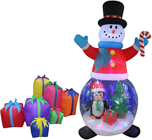 Two Christmas Party Decorations Bundle, Includes 6 Foot Long Christmas Inflatable Multicolor Gift Boxes, and 8 Foot Tall Christmas Inflatable Snowman Globe with Penguin and Gift Box Christmas Tree