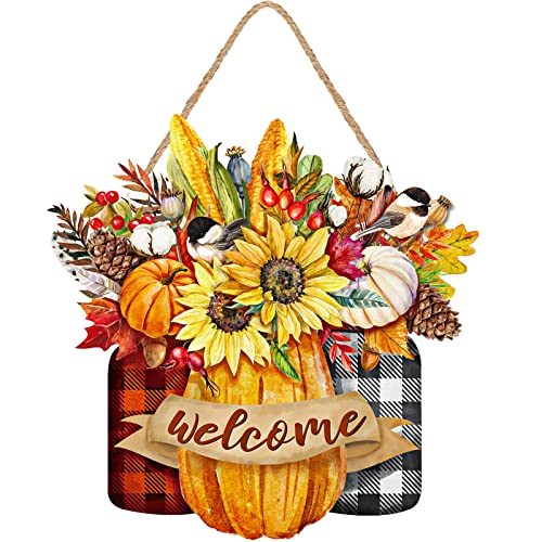 Fall Floral Welcome Sign Thanksgiving Wooden Hanging Door Sign Autumn Pumpkin Harvest Hanger Fall Welcome Decoration for Farmhouse Home Yard Seasonal Holiday Outdoor Decor, 12 Inch (Plaid Style)