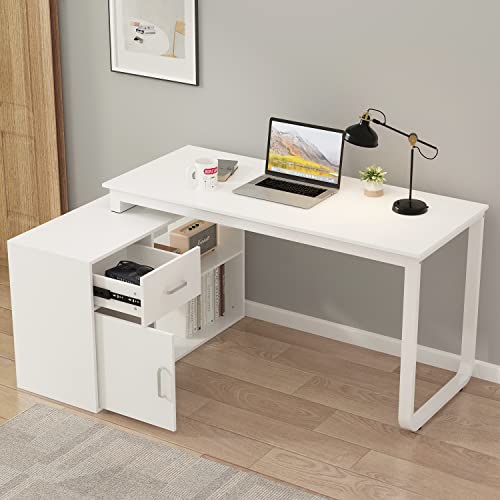 Homsee Home Office Computer Desk Corner Desk with 1 Drawer and 2 Shelves, 55 Inch Large L-Shaped Study Writing Table with Storage Cabinet, White (55.1″ L x 41.3″ W x 29.5″ H)