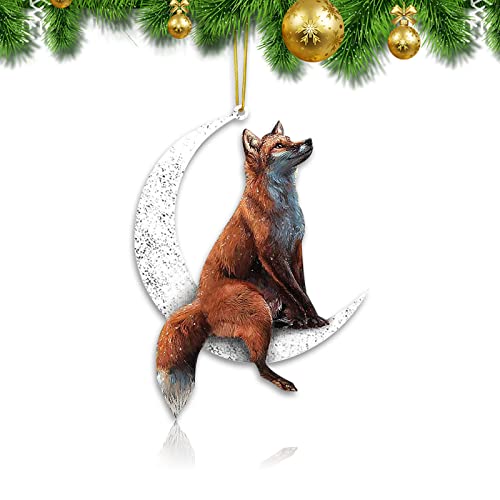 Animals Sitting On The Moon Ornaments for Christmas Tree, Double-Printed Acrylic Hanging Pendant for Christmas Tree Decorations, Window Wall Hanging Ornament Living Room Decoration Home Decor (Fox)