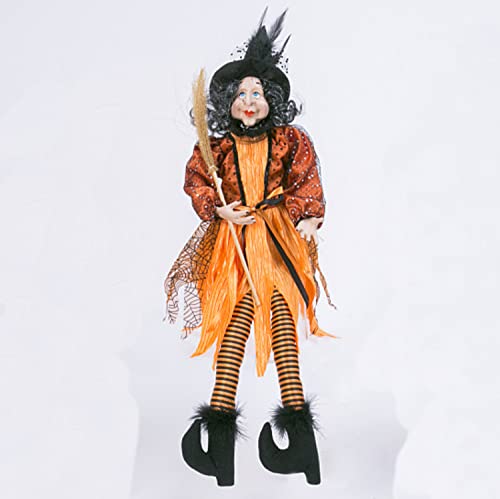 One Holiday Way Orange Sitting Witch 24-Inch Fabric Doll Figurine in Metallic Dress with Broom – Halloween Desk, Mantel, Bookshelf Decoration for Bedroom or Kitchen – Shelf Sitter Home Decor