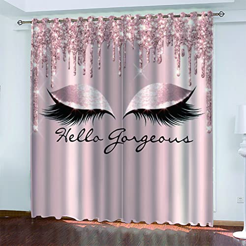 LINQI Spark Rose Gold Drips Makeup Kids Curtains 2 Panels, Blackout Window Treatments, Lashes Hello Thermal Insulated Grommet Drapes for Bedroom Living Room Door (42” W x 63” L)