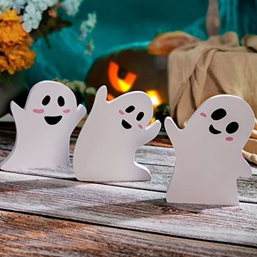 3Pcs Cute Halloween Wooden Ghost Tiered Tray Decorations Happy Halloween Sign Decor 3D Wooden Ghost Pumpkin Spider Theme Table Decor Tiered Tray Decor for Farmhouse Halloween Party Haunted House (A)