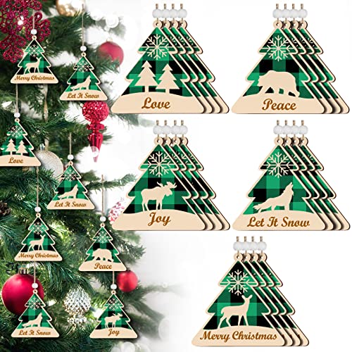 20 Pieces Christmas Hanging Ornaments Wooden Christmas Wishes Tree Rustic Word Ornament Farmhouse Christmas Ornaments Joy Peace Wooden Christmas Tree Party Decorations Gift Tags (Green Black Plaid)