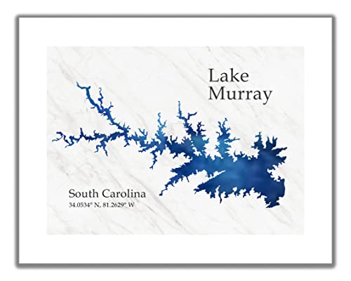 Lake Murray SC Wall Art Print. 11×14 UNFRAMED Giclee Watercolor Aesthetic Minimalist Decor with State & Map Coordinates. Navy, Blue, Gray & White South Carolina Lake-Themed Gift.