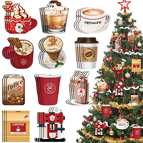 32 Pieces Coffee Cup Christmas Ornament Wooden Coffee Christmas Tree Ornament Hanging Hot Cocoa Ornaments Xmas Tea Cup Ornaments Decorative Hanging Ornaments for Holiday Christmas Tree Ornament
