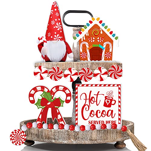 Christmas Decor – 11PCS Christmas Tiered Tray Decor – Candy Cane Hot Cocoa Wooden Signs, Christmas Gnomes Plush, Bead Garland, Mini Banner, Christmas Decorations for Indoor Home Winter Party Table