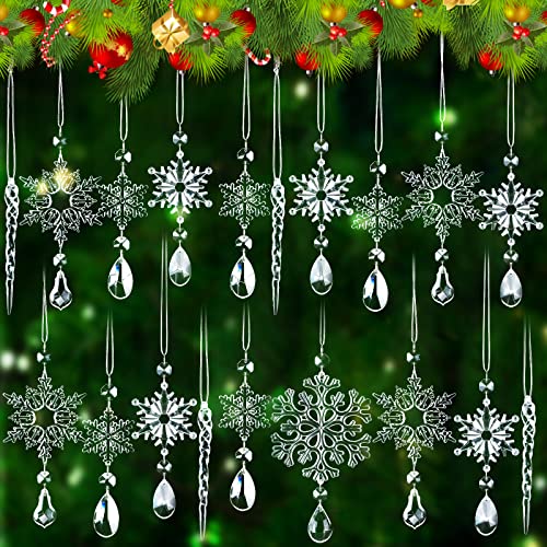 Macarrie 52 Pieces Christmas Crystal Snowflake Decorations Hanging Christmas Snowflake Decorations Snowflake Ornament Sets Acrylic Icicle Decorations Crystal Snowflake for Christmas Tree Party