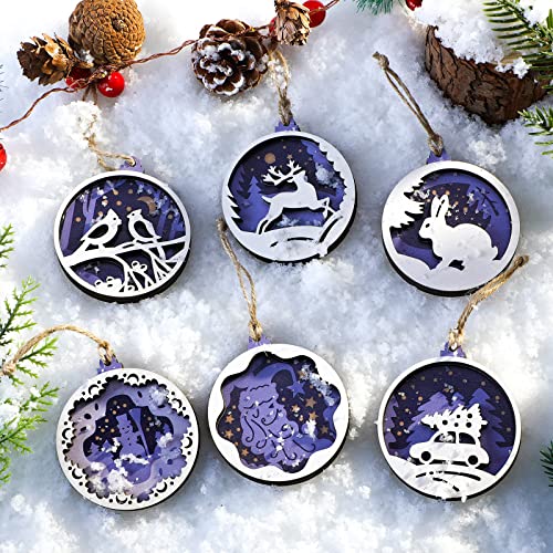 Jetec 6 Pcs Christmas Wooden Ornaments Hollow Woodland Reindeer Snowflake Christmas Hanging Tree Ornaments Carving Wood Rustic Xmas Wood Ornaments for Indoor Outdoor Party Decor (Night Style)