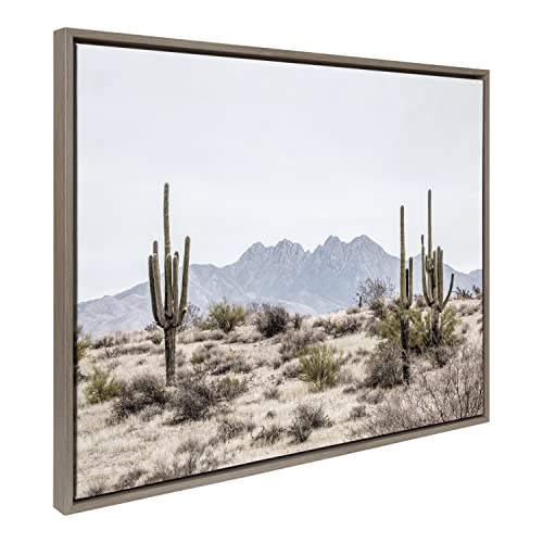 Kate and Laurel Sylvie Tall Saguaro Cacti Desert Mountain Framed Canvas Wall Art by The Creative Bunch Studio, 28×38 Gray, Decorative Nature Cactus Art Wall Décor