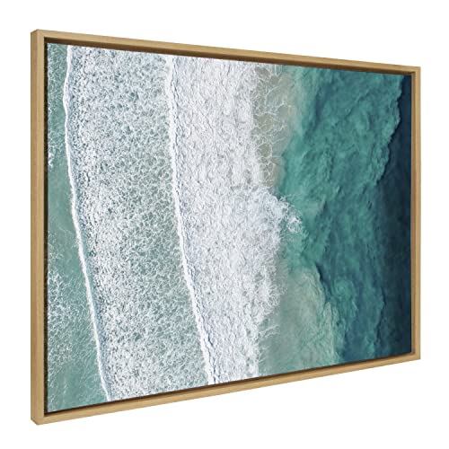Kate and Laurel Sylvie Ocean Waves by the Bay Framed Canvas Wall Art by The Creative Bunch Studio, 28×38 Natural, Ocean Coastal Landscape Wall Décor
