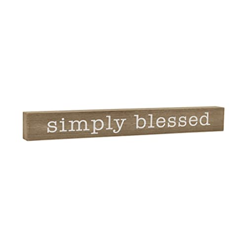 AshleeOaks Simply Blessed Long Wood Block Sign, Farmhouse Rustic Wood Tabletop or Wall Sign, Brown and White, 18-7/8″ L