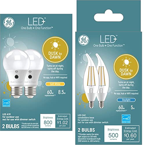 GE LED+ Dusk to Dawn Outdoor Light Bulbs, (Pack of 2) & Dawn Outdoor Decorative Light Bulbs, Sunlight Sensor, Daylight, Candelabra Base, CAC Damp Rated, 60 Watt Replacement (Pack of 2)