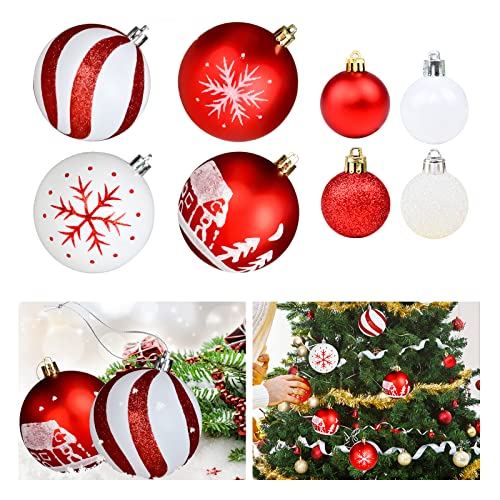 40 Pcs 3.14” Christmas Ball Ornaments with Glitter Print, Shatterproof Hanging Ball Ornaments, Reusable Hanging Ball Ornaments for Xmas Tree Holiday Wreath Garland Decor (Red & White, 8 Designs)