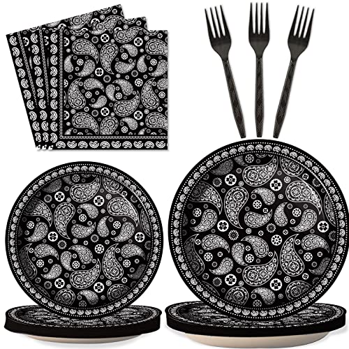 96 Pcs Black Western Party Supplies Bandana Cholo Disposable Tableware Decor Serves 24 Paper Plates Napkins Supplies For Paisley Cowboy Cowgirl Theme Birthday Party Favors 24 Guests