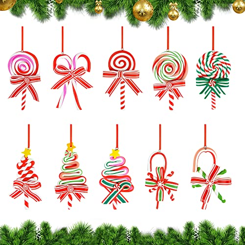 10 Pieces Christmas Candy Ornament Polymer Clay Lollipop Tree Hanging with Rope Xmas Sweet Red Green Candy Cane Pendant for Xmas Party Supplies Home Decoration