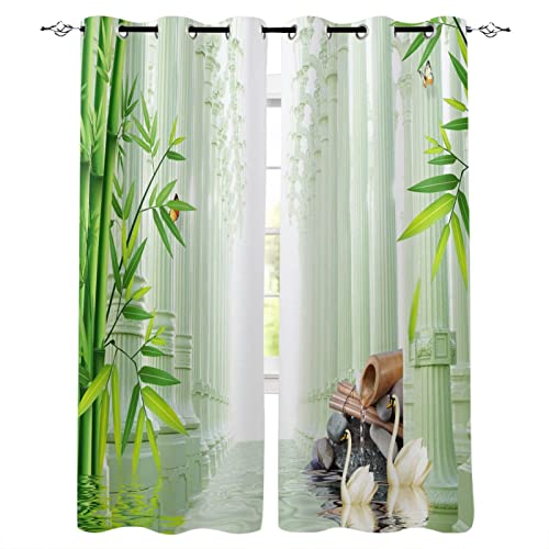 LINQI Bamboo Forest Stone Blackout Window Curtain 2 Panels, Fresh Green Zen Flowing Water 3D Printed Kids Window Treatments, Thermal Insulated Grommet Drapes for Bedroom Living Room -1m²/Custom Size