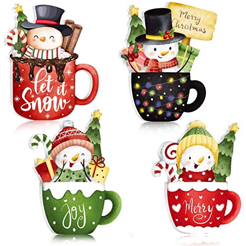 4 Pcs Winter Tiered Tray Decor Snowman Coffee Wood Signs Winter Wooden Block Signs Hot Cocoa Decor Winter Season Drinks Tabletop Decoration for Home Table Centerpieces (Snowman Style)