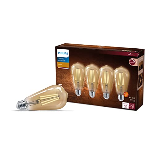 Philips LED Vintage Flicker-Free ST19 Light Bulb, Dimmable, Eye Comfort Technology, 700 Lumen, Amber (2000K), 8.8W=75W, Title 20 Certified, E26 Base, 4PK (573971)