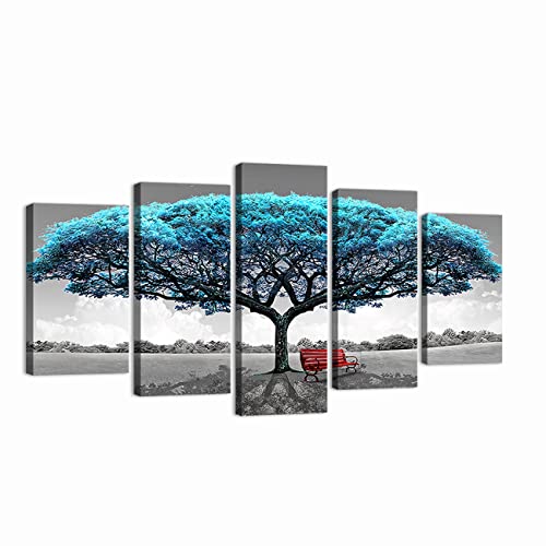 Black and White Landscape Wall Art 5 Panel Blue Tree Red Chair Painting Print on Canvas Scenery Picture Blue Trees Forest Wall Decor Frame Ready to Hang (Blue Tree Wall Art, 16x24inx2 16x32inx2 16x40inx1)