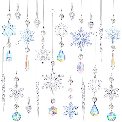 Christmas Snowflake Decorations Snowflake Icicle Drop Ornaments Set Crystal Christmas Ornaments with Sliver Rope Christmas Tree Decorations Acrylic Hanging Ornaments (Lovely, 32)