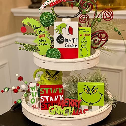 Grinch Christmas Tiered Tray Decoration,Green Christmas Tree G-rin-ch Wooden Signs Decorations,Farmhouse Tiered Tray Decor Inspireds Holiday Decor (A)