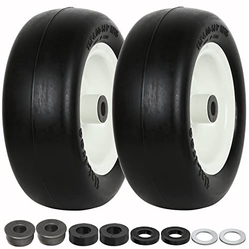 WEIZE 11×4.00-5 Flat Free Lawn Mower Tire, 3.4″-4″-4.5″-5″ Centered Hub, 3/4″ or 5/8″ Bushings, 11×4-5 Tractor Turf Tire with Rim, Set of 2