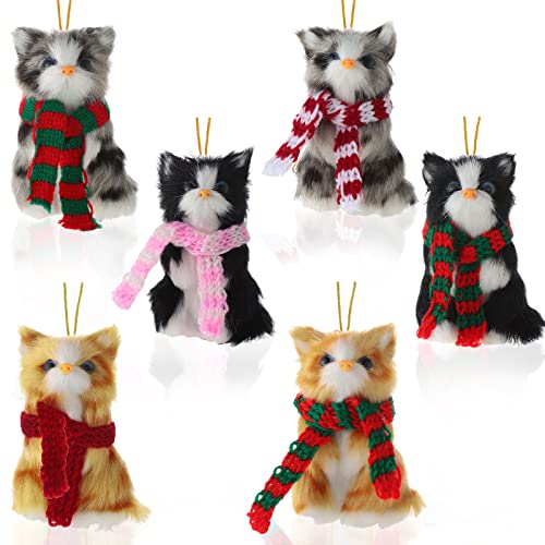 6 Pieces Christmas Tree Ornaments Plush Cat Ornament Woodland Faux Furry Cat Kitten with Scarf Tree Hanging Decoration Animal Christmas Ornaments for Holiday Christmas Tree Decoration