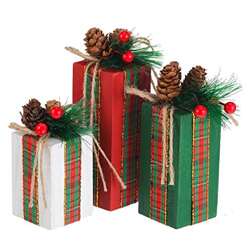 3 Pcs Christmas Table Centerpieces Christmas Table Decor Faux Present Wooden Blocks Rustic Decoration with Buffalo Plaid Bowknot for Holiday Xmas Tree Shelf Tiered Tray Decor (White, Green and Red)