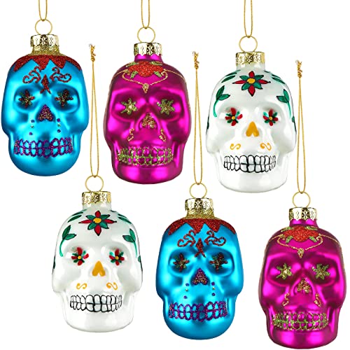 6 Pieces Christmas Skull Decorations Day of The Dead Glass Ornaments, Glass Blown Sugar Skull Christmas Tree Ornaments Dia De Los Muertos Party Skull Heads for Christmas Tree Hanging Decorations