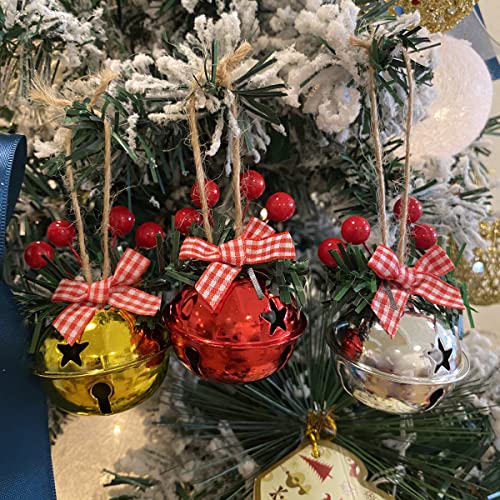 Christmas Decorations Bells to Hang on Christmas Tree,Gold, Silver and Red Pine Needle Berry Bows, 18 Pcs, 5 cm Diameter (Mix)