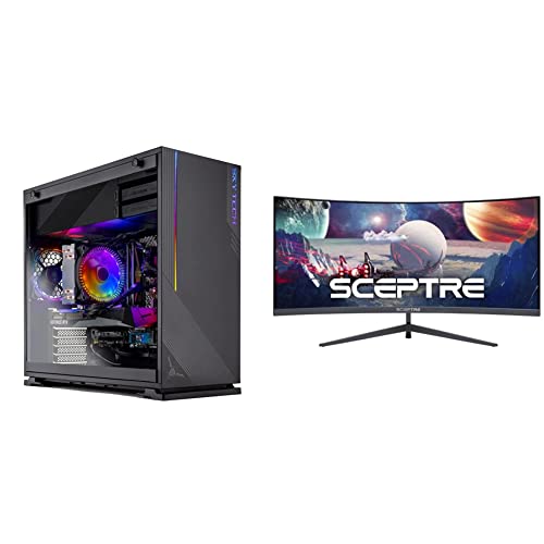 Skytech Azure Gaming PC Desktop & Sceptre 30-inch Curved Gaming Monitor 21:9 2560×1080 Ultra Wide Ultra Slim HDMI DisplayPort up to 200Hz Build-in Speakers, Metal Black (C305B-200UN1)