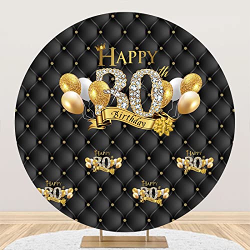 Yeele 7x7ft Happy 30th Birthday Round Backdrop Black and Gold Glitter Balloons Diamond 30 Photogrpahy Background for Men Women Birthday Party Decor Supplies Dessert Cake Table Banner Photo Props