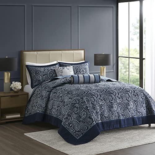 Madison Park Aubrey Reversible Quilted Bedspread Set, Solid Reverse Summer Breathable, Lightweight All Season Bedding Layer, Matching Shams, Bedspread King(120″x118″), Navy 5 Piece