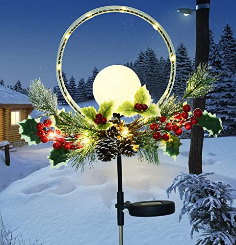 Outdoor Solar Flower Light, LED Ball Decorative Christmas Light with Faux Pine Cones, Foliage Accents Garden Decor Stakes